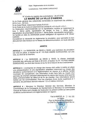 26 AT 0750 Réglementation De La Circulation Rue Andre Durouchez Le 09 06 2026 - Publiée Le 01 07 2026