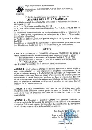 26 AT 0749 Réglementation Du Stationnement Rue Messager, Avenue De La Paix, Et Rue Du Colvert Du 01 06 2026 Au 15 06 2026