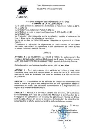 26 AT 0736  Réglementation Du Stationnement Boulevard Maignan Lariviere Le 08 06 2026 - Publiée Le 01 07 2026