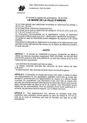 26 AT 0742  Réglementation Du Stationnement Et De La Circulation Rue Voltaire Du 10 06 2026 Au 12 06 2026 - Publiée Le 01 07 2026