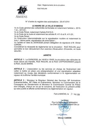 26 AT 0741  Réglementation De La Circulation Rue Riolan Le 03 06 2026 De 14h30 à 15h - Publiée Le 01 07 2026