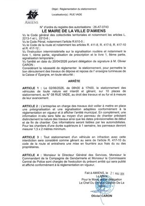26 AT 0743  Réglementation Du Stationnement Rue Vade Le 02 06 2026 - Publiée Le 01 07 2026