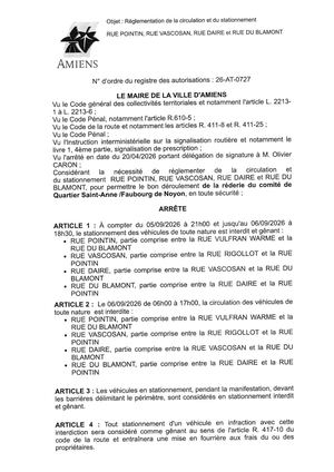 26 AT 0727 Réglementation Du Stationnement Et De La Circulation, Rue Pointin, Rue Vascsan , Rue Daire Et Rue Du Blamont Du 05 09 2026 21h Au 06 09 2026 18h30 - Publiée Le 01 07 2026