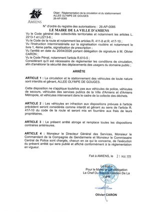 26 AP 0085 Réglementation Du Stationnement Et De La Circulation Allée Olympe De Gouges - Publiée Le 01 07 2026