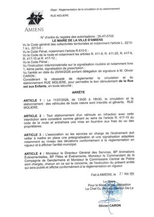 26 AT 0725 Réglementation Du Stationnement Et De La Circulation Rue Moliere Le 11 07 2026 - Publiée Le 01 07 2026