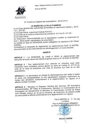 26 AT 0714  Réglementation Du Stationnement Rue Le Notre Le 30 06 2026 - Publiée Le 01 07 2026