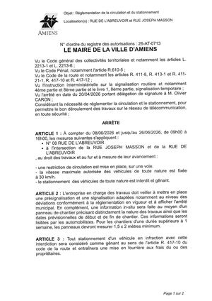 26 AT 0713  Réglementation Du Stationnement Et De La Circulation Rue De L'abreuboir Et Rue Joseph Masson Du 08 06 2026 Au 26 06 2026 - Publiée Le 01 07 2026