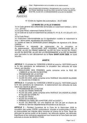 26 AT 0689  Réglementation Du Stationnement Et De La Circulation Bld Des Federes, Promenades De La Hotoie & Autres Du 10 06 2026 Au 18 07 2026 - Publiée Le 01 07 2026