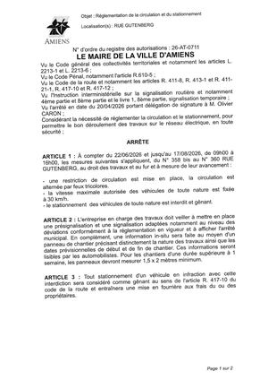 26 AT 0711  Réglementation Du Stationnement Et De La Circulation Rue Gutenberg Du 22 06 2026 Au 17 08 2026 - Publiée Le 01 07 2026