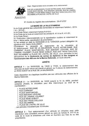 26 AT 0707  Réglementation Du Stationnement Et De Circulation Rue De La Malmaison Et Autres Cérémonie Le 30 05 2026  - Publiée Le 01 07 2025