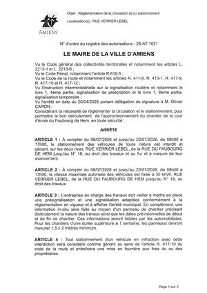 26 At 1021 Réglementation Du Stationnement Et De La Circulation Rue Verrier Lebel Du 06 07 2026 Au 20 07 2026 Publiée Le 01 07 2026