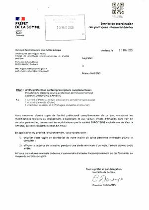 Courrier A26 11984 13 05 2026 Arrêté Préfectoral Portant Prescriptions Complémentaires