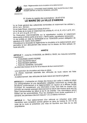 26 AT 0718 Réglementation Du Stationnement Et De La Circulation Chaussée Saint Pierre, Rue Valentin Hauy  & Autres Jusqu'au 31 05 2026 - Publiée Le 01 07 2026