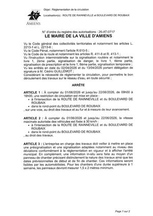 26 AT 0717 Réglementation  De La Circulation Route De Rainneville, Et Boulevard De Roubaix Du 01 06 2026 Au 22 06 2026 - Publiée Le 01 07 2026