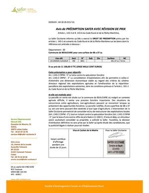 2 Avis De Préemption Safer Avec Révision De Prix Ar 30 26 0157 01 Parcelle Bw0041