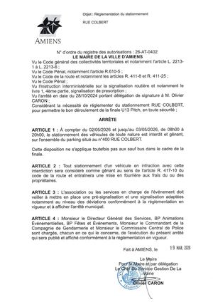 26 AT 0402 Reglementation Stationnement Rue Colbert Du 02 05 26 Au 03 05 26 Publié Le 01 07 26