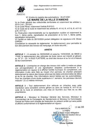 26 AT 0391 Reglementation Stationnement Rue Flatters Du 30 03 26 Au 10 04 26 Publié Le 01 07 26