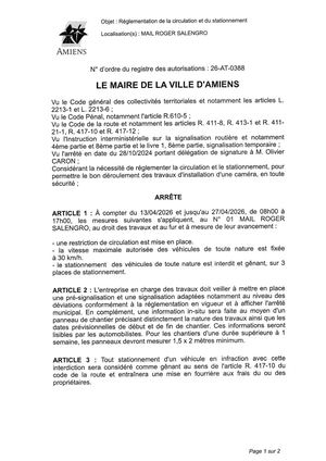 26 AT 0388 Reglementation Et Circulation Et Stationnement Rue Mail Roger Salengro Du 13 04 26 Au 27 04 26 Publié Le 01 07 26