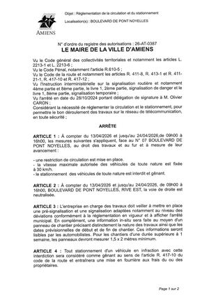 26 AT 0387  Reglementation Et Circulation Et Stationnement Rue Boulevard Pont Noyelles Du 13 04 26 Au 24 04 26 Publié Le 01 07 26