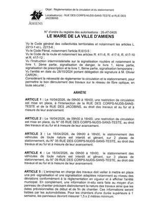 26 AT 0405 Reglementation Circulation Et Stationnement Rue  Des Corps Nuds Sans Teste Et Rue Jacobins  Le 16 04 26 Publié Le 01 07 26