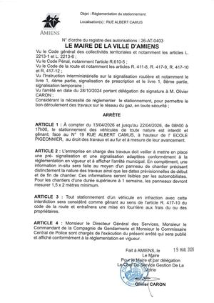 26 AT 0403 Reglementation Stationnement Rue Albert Camus Du 13 04 26 Au 22 04 26 Publié Le 01 07 26
