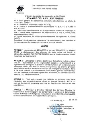 26 AT 0408 Reglementation Stationnement Rue Pierre Dubois Du 27 04 26 Au 29 05 26 Publié Le 01 07 26