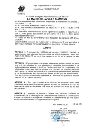 26 AT 0407 Reglementation Stationnement Rue Elsa Triolet Le 11 05 26 Publié Le 01 07 26