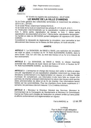 26 AT 0406 Reglementation Circulation Rue Alexandre Dumas Le 30 04 26 Publie Le 01 07 26