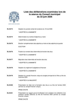 Liste des délibérations examinées lors de la séance du Conseil municipal du 22 juin 2026