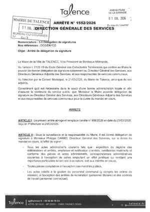 Arrete 1552-2026 - Delegation De Signatures 23 Juin 2026