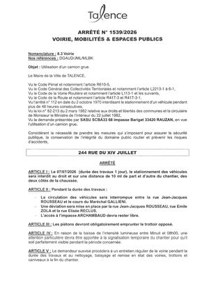 Arrete 1539-2026-Utilisation Camion Grue 244 Rue Du Xiv Juillet Le 07-07-2026-Publié Le 01 07 2026