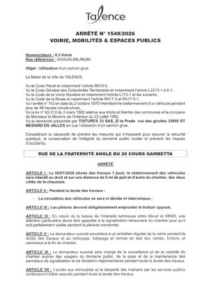 Arrete 1549-2026-Utilisation Camion Grue Rue De La Fraternite Le 06-07-2026-Publié Le 01 07 2026