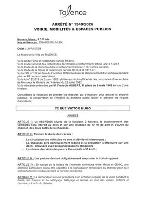 Arrete 1540-2026-Livraison 72 Rue V Hugo Le 06-07-2026-Publié Le 01 07 2026