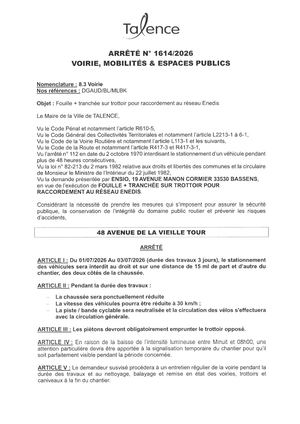 Arrete 1614-2026-Fouille + Tranchée Raccordement Enedis 48 Avenue De La Vieille Tour Du 01 Au 03-07-2026-Publié Le 01 07 2026