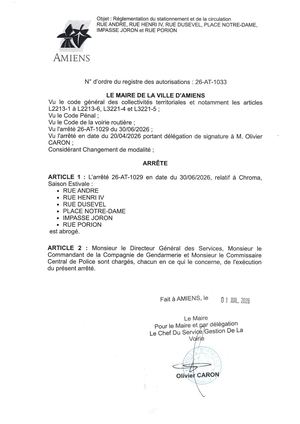 26 AT 1033  Réglementation De La Circulation Et Du Stationnement Rue André, Rue Henri IV, Rue Dusevel, Place Notre Dame, Impasse Joron, Rue Porion - Arrêté 26 AT 1029 Est Abrogé - Publiée Le 02 07 2026