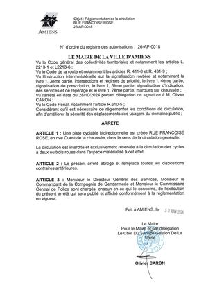 26 AP 0018 Réglementation De La Circulation Rue Francoise Rose - Piste Cyclade - Publiée Le 02 07 2026