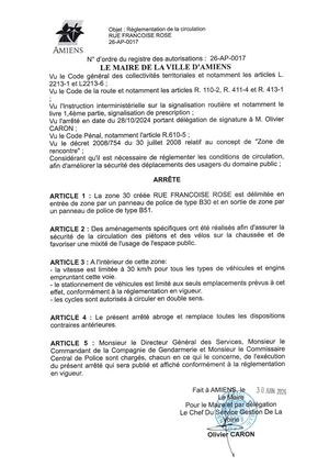 26 AP 0017 Réglementation De La Circulation Rue Francoise Rose - Zone 30  - Publiée Le 02 07 2026