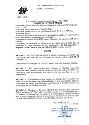 26 AT 1023 Réglementation Du Stationnement Rue De La Malmaison Du 13 07 2026 - Publiée Le 02 07 2026