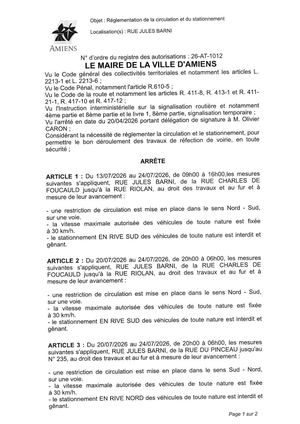 26 AT 1012 Réglementation De La Circulation Et Du Stationnement Rue Jules Barni Du 13 07 2026 Au 24 07 2026 - Publiée Le 02 07 2026