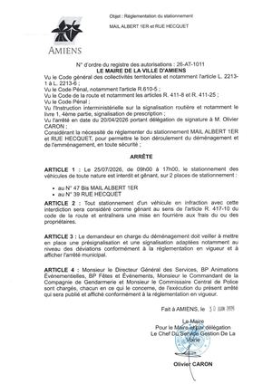 26 AT 1011 Réglementation Du Stationnement Mail Albert 1er Et Rue Hecquet Le 25 07 2026 - Publiée Le 02 07 2026