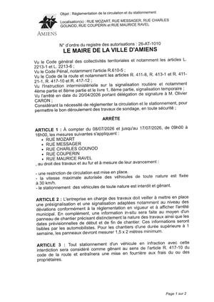 26 AT 1010 Réglementation De La Circulation Et Du Stationnement Rue Mozart, Rue Messager,rue Charles Gounod Rue Couperin Rue Maurice Ravel Du 08 07 2026 Au 17 07 2026 - Publiée Le 02 07 2026