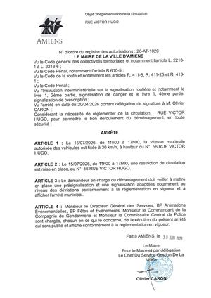 26 AT 1020 Réglementation De La Circulation Rue Victor Hugo Le 15 07 2026 - Publiée Le 02 07 2026