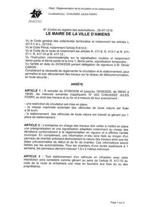 26 AT 1019 Réglementation De La Circulation Et Du Stationnement Chaussee Jules Ferry Du 07 09 2026 Au 18 09 2026