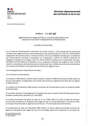 Arrêté Préfectoral du 29 juin 2026 réglementant les usages de l'eau Vigilance renforcée