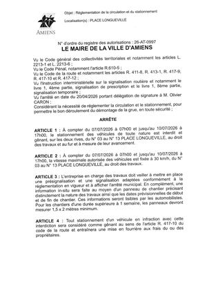 26 AT 0997 Réglementation Du Stationnement Et De La Circulation Place Longueville Du 07 07 2026 Au 10 07 2026   Publiée Le 02 07 2026