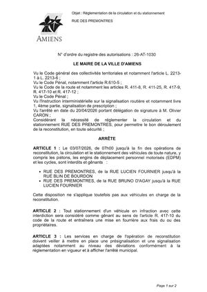 26 AT 1030 Réglementation Du Stationnement Et De La Circulation Rue Des Premontres Le  03 07 2026 -  Publiée Le 02 07 2026
