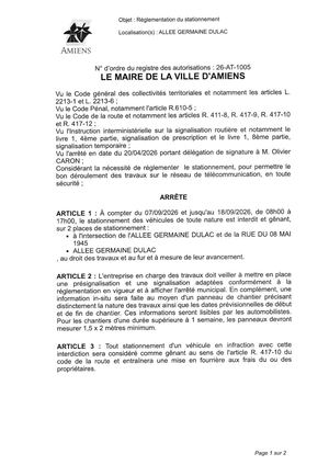 26 AT 1005 Réglementation Du Stationnement Allée Germaine Dulac Du 07 09 2026 Au 18 09 2026 - Publiée Le 02 07 2026