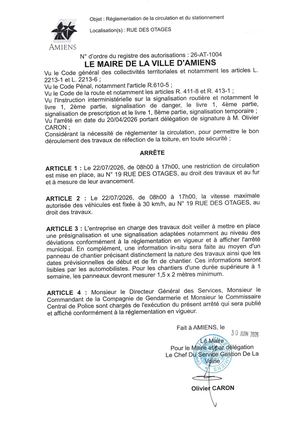 26 AT 1004 Réglementation Du Stationnement Et Circulation Rue Des Otages Le 22 07 2026 - Publiée Le 02 07 2026
