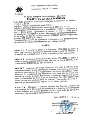 26 AT 0701 Réglementation De La Circulation Rue De La Terriere Du 26 05 2026 Au 08 06 2026 - Publiée Le 02 07 2026