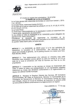 26 AT 0700 Réglementation Du Stationnement Et De La Circulation Rue Michel Ange Réderie Vallée St Ladre Le 30 05 2026 -Publiée Le 02 07 2026